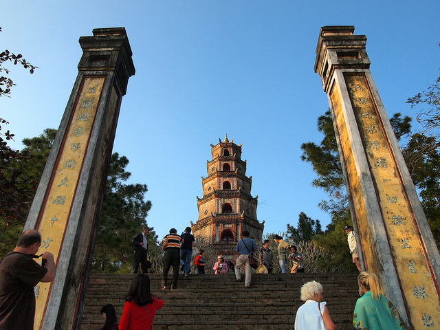 Thien Mu Pagoda looking up from the Huong River Thien Mu Pagoda looking up from the Huong River